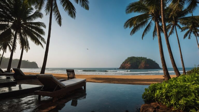 Explore perfect destinations for retirees and digital nomads with Coolvoyage: stunning landscapes, comfortable accommodations, and inspiring workspaces. A tranquil beach scene with lounge chairs near an infinity pool offers a perfect escape. Palm trees frame the ocean view and a small island in the distance. The clear sky and calm water create a peaceful atmosphere, ideal for B2B retreats or luxury services seeking inspiration and relaxation. Explore perfect destinations for retirees and digital nomads with Coolvoyage: stunning landscapes, comfortable accommodations, and inspiring workspaces.